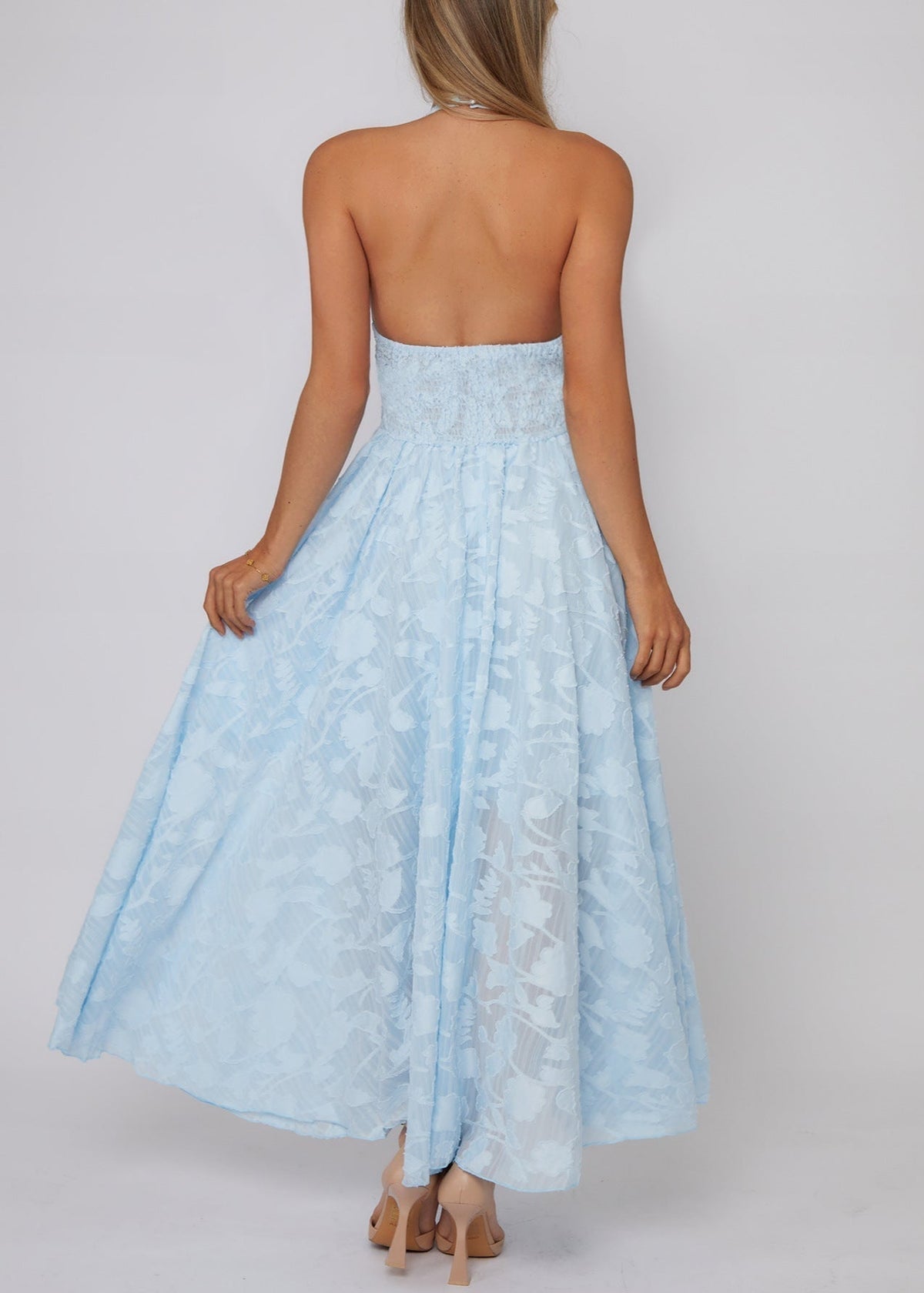 Halter Neck Floral Burnout Deep V Neck Maxi Dress
