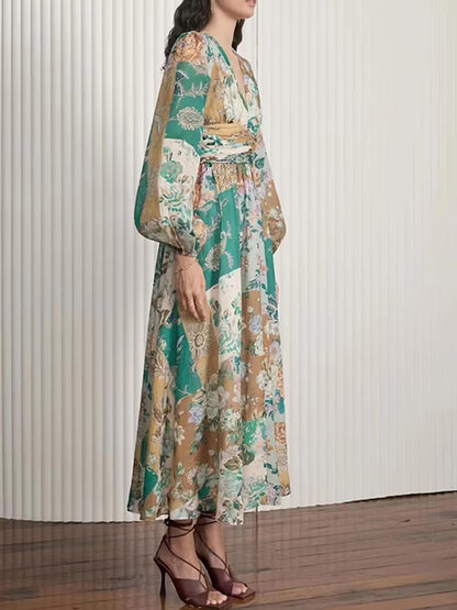 Patchwork Floral Print V-Neck Balloon Sleeve Ruched Waist Midi Dress