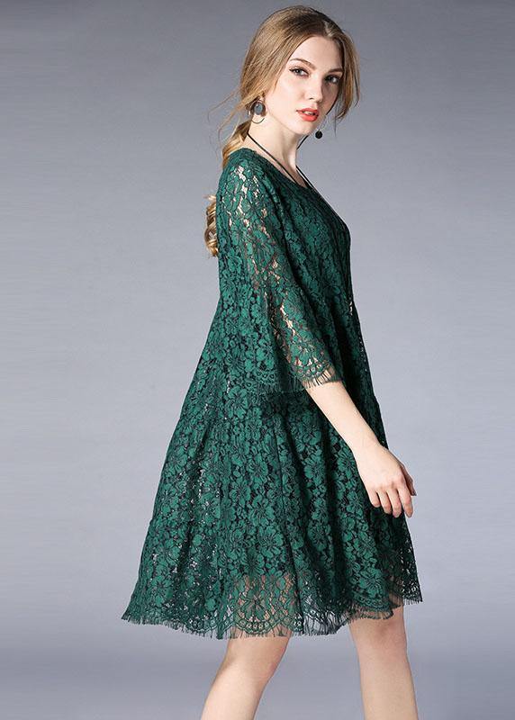 Round Neck Three Quarter Bell Sleeve Eyelash Lace Tiered Babydoll Mini Dress