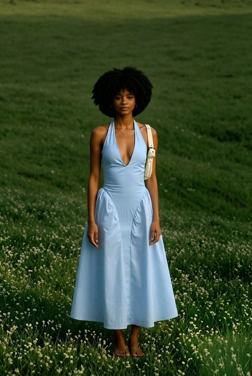 Halter Plunging V Drop Waist Pleated Midi Dress