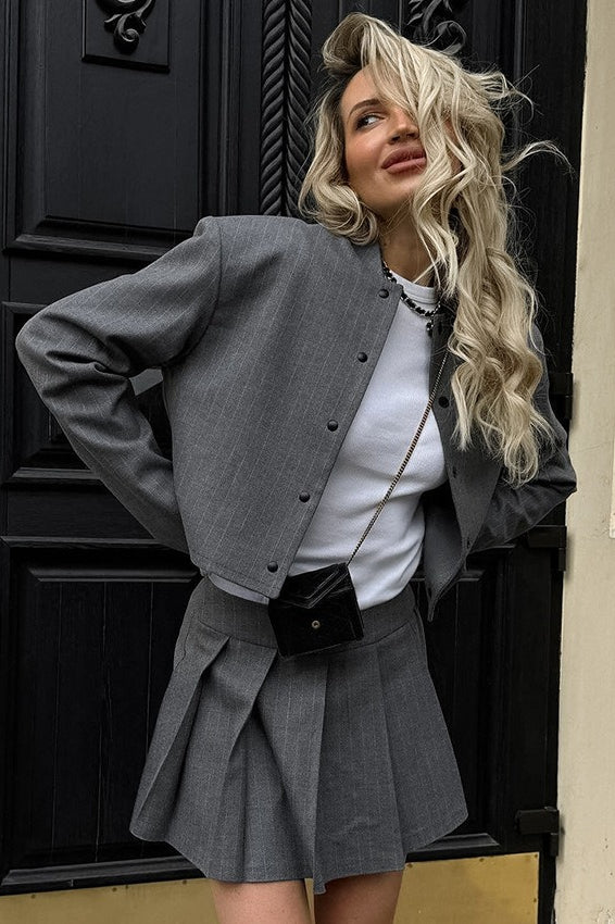 Elegant Preppy Blazer Mini Skirt Two Piece Set