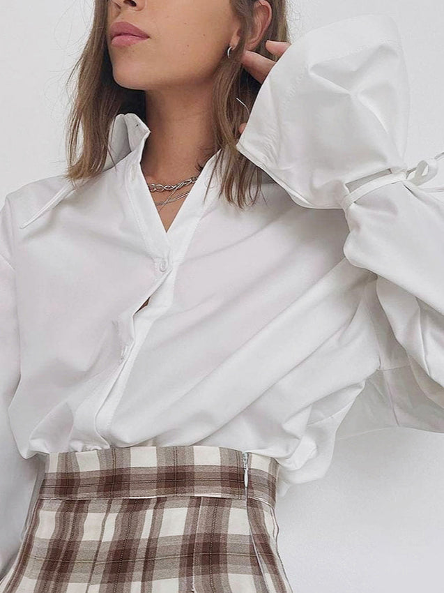 Bow Tie Long Sleeve White Blouse