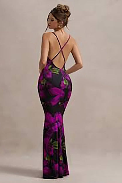 Floral Print Cowl Neck Spaghetti Strap Bodycon Maxi Mini Dress