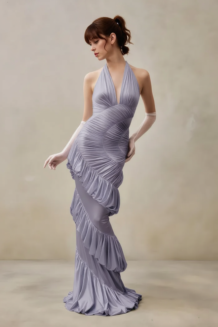 Halter Plunging V Spiral Ruffle Maxi Dress with Gloves