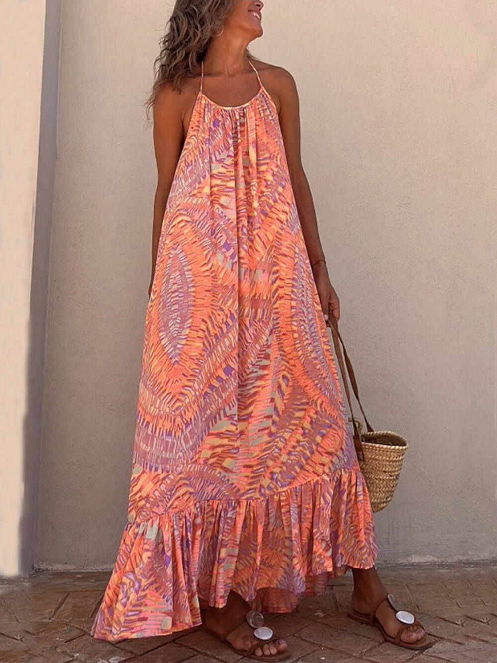 Spaghetti Strap Geometric Print Ruffle Tier Maxi Dress