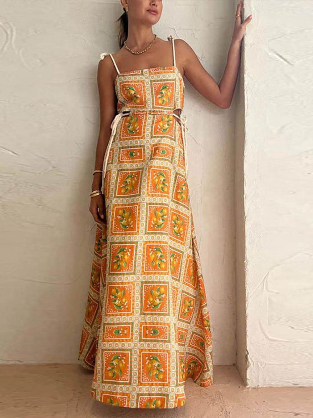 Square Neck Lemon Tile Print Waist Cutout Drawstring Bow Strap Maxi Dress
