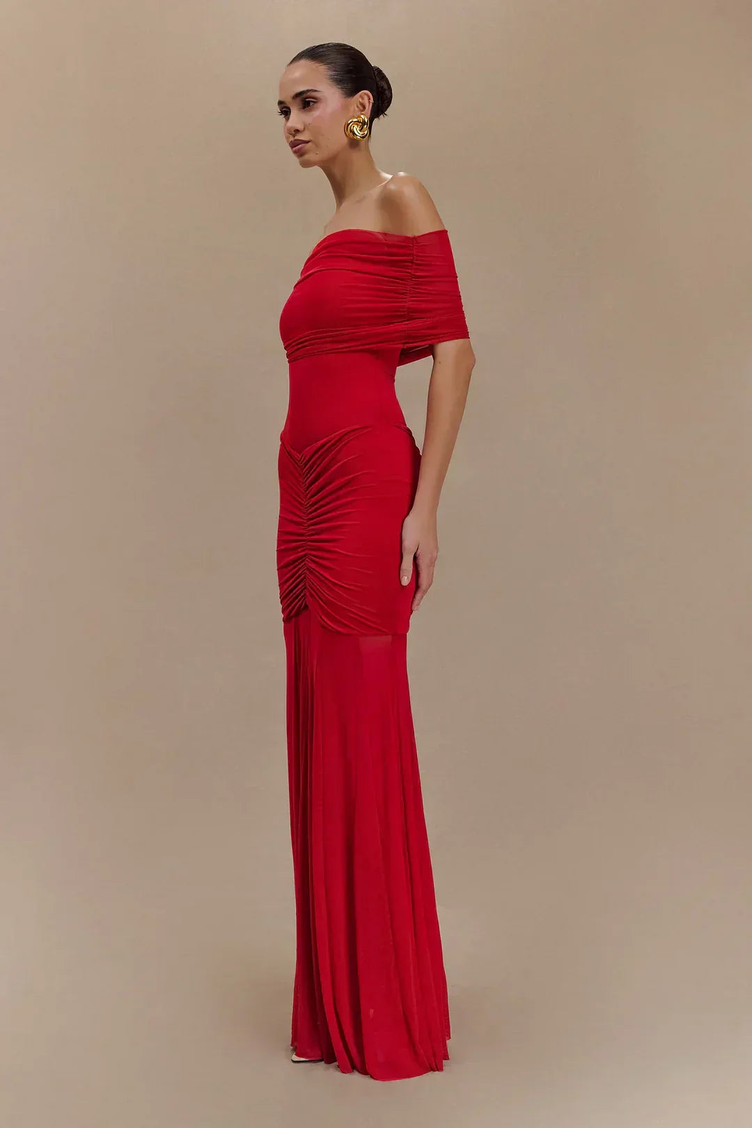 Off Shoulder Pleated Column Maxi Gown