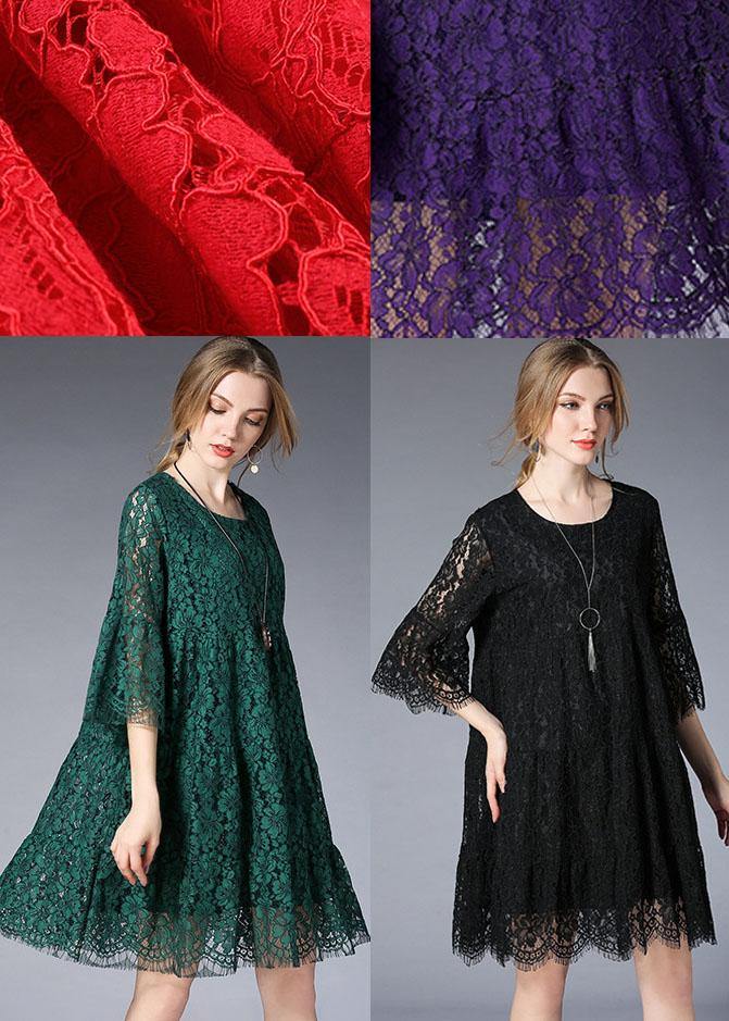 Round Neck Three Quarter Bell Sleeve Eyelash Lace Tiered Babydoll Mini Dress