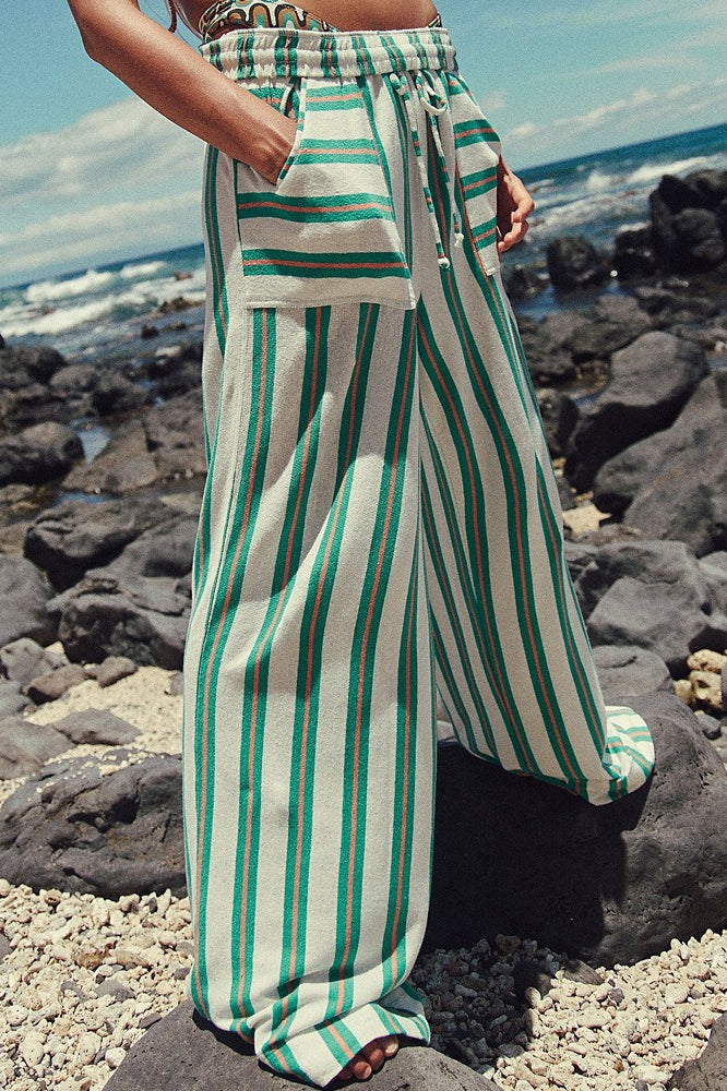 Beach Style Striped Drawstring Wide Leg Pants