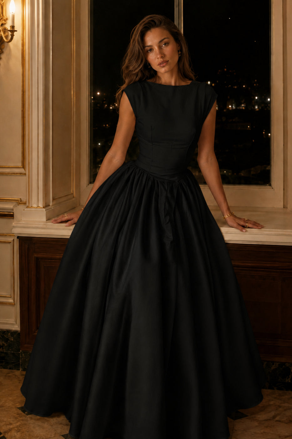 Boat Neck Cap Sleeve Basque Waist Pleated Midi Dress