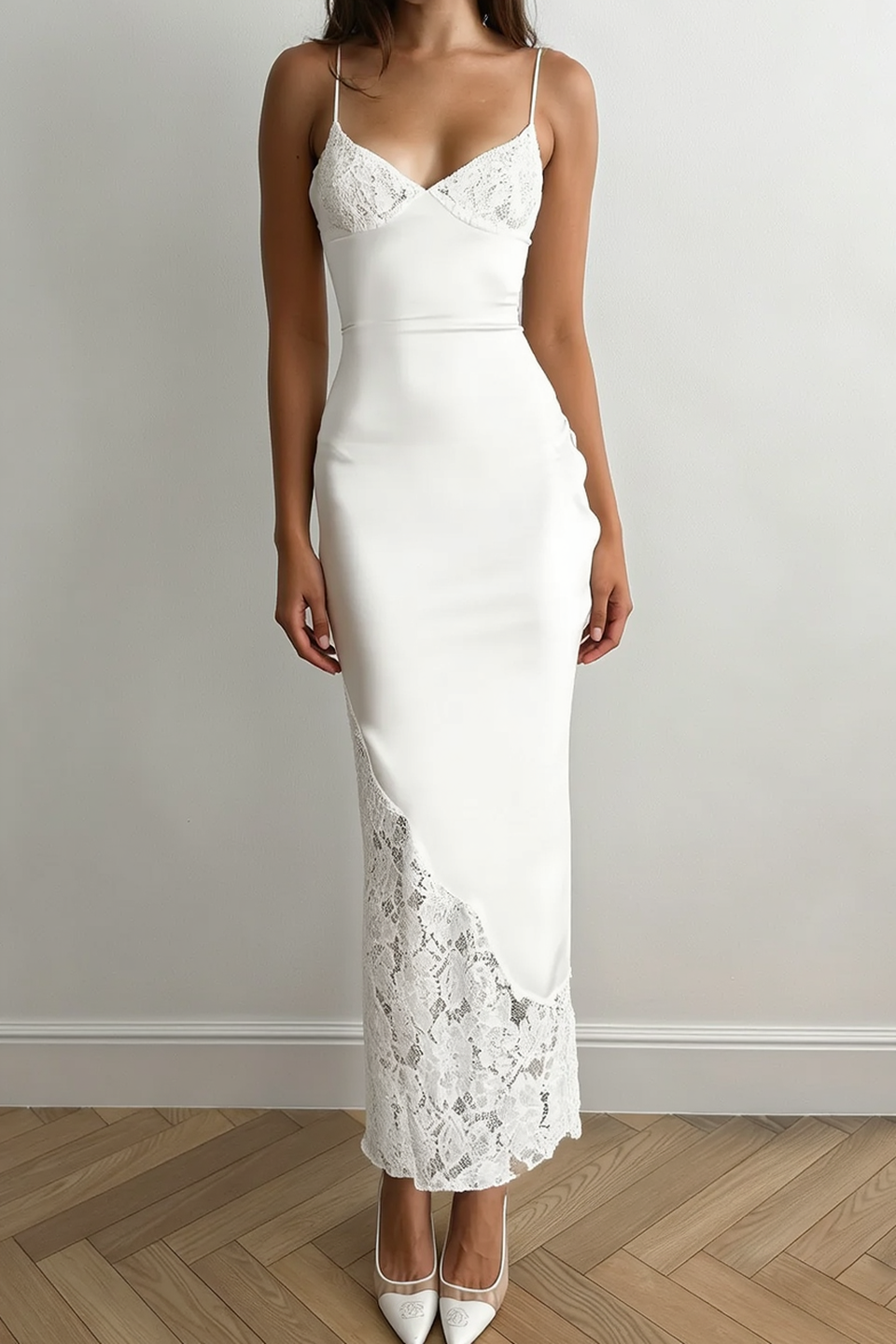 Deep V Neck Lace Panel Spaghetti Strap Satin Bodycon Midi Dress