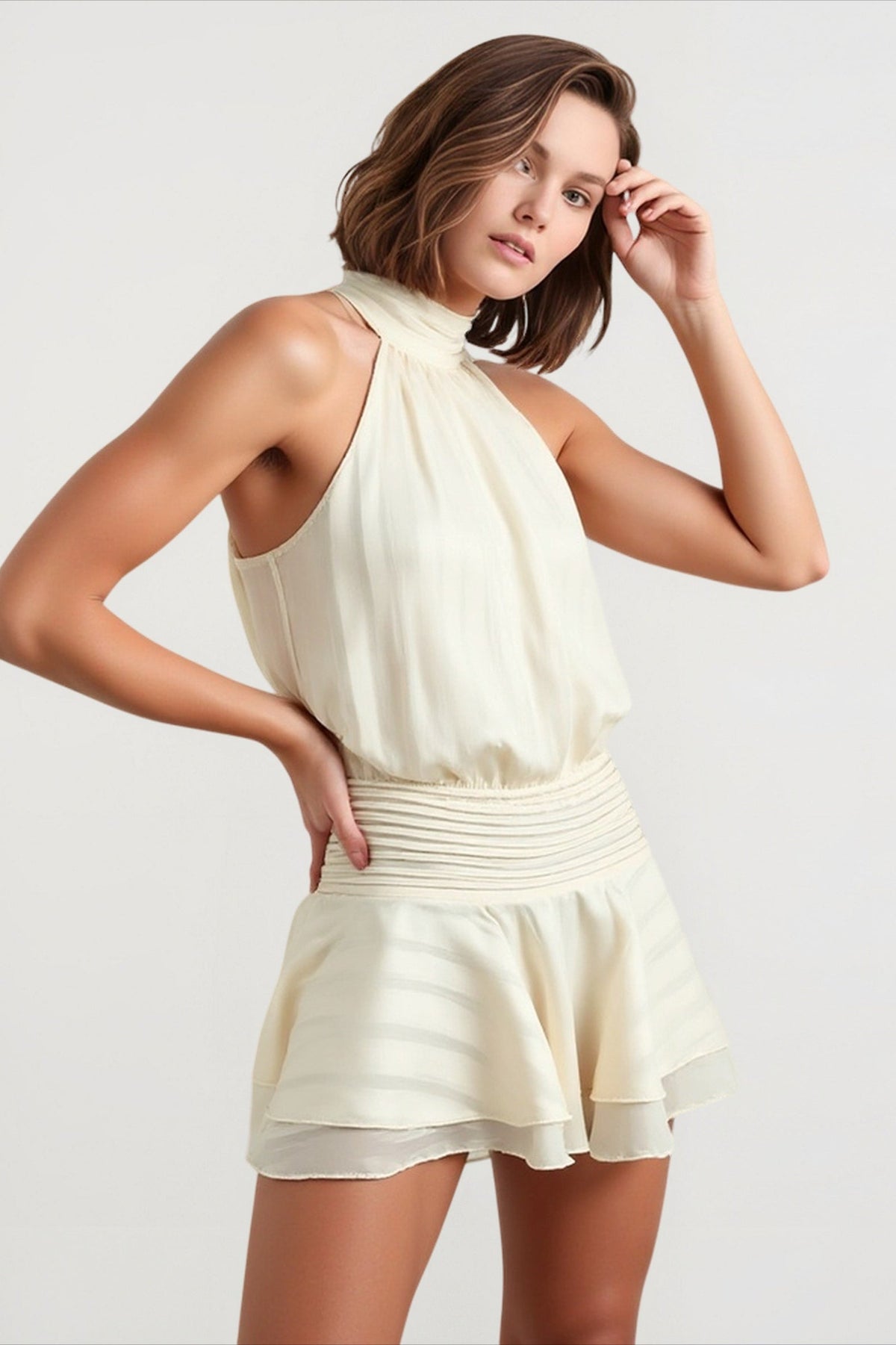 Satin Scarf Collar Halter Column Maxi Dress