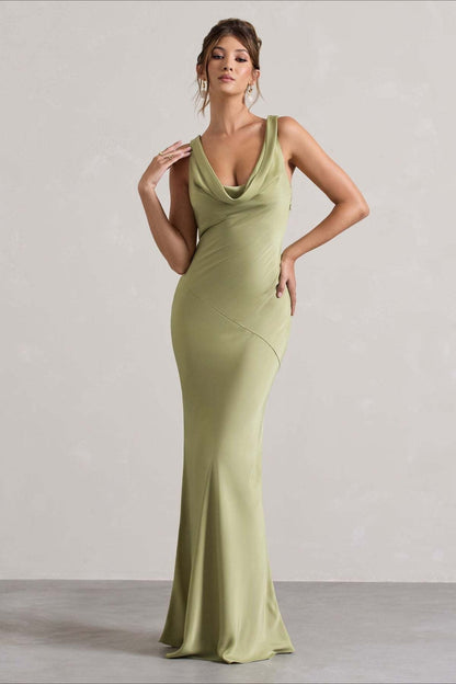 Satin Cowl Neck Sleeveless Column Seam Maxi Gown