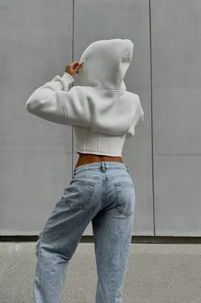 Cropped Curved Hem Full Zip Hoodie