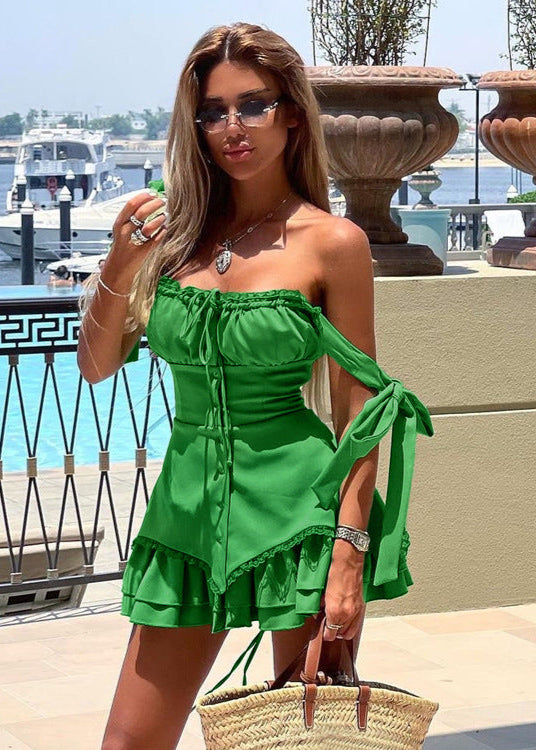 Tie Shoulder Milkmaid Neck Button Front Lace Trim Tiered Mini Dress