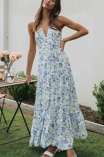 Floral Print Halter Deep V-Neck Tiered Ruffle Maxi Dress
