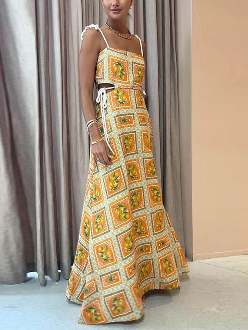 Square Neck Lemon Tile Print Waist Cutout Drawstring Bow Strap Maxi Dress