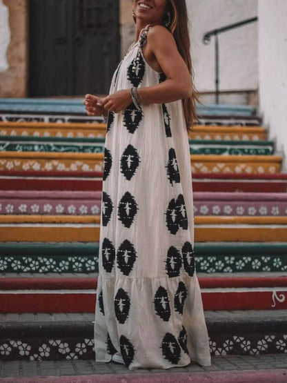 Ikat Diamond Print One Shoulder Draped Flowy Maxi Dress