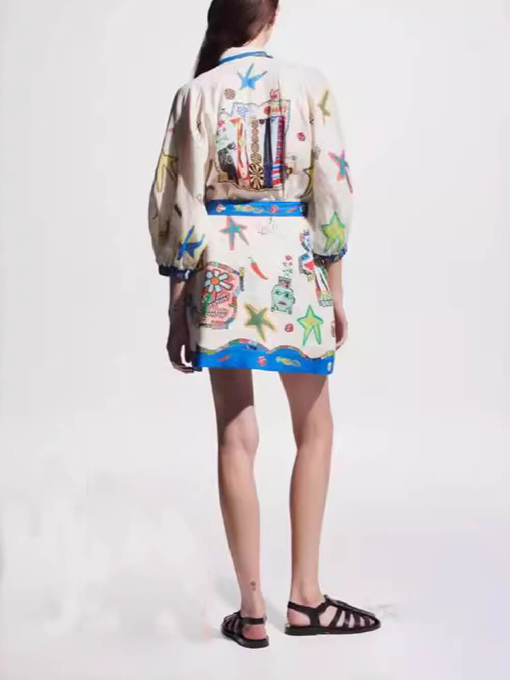 Graphic Print Contrast Trim Belted Puff Sleeve Shirt Mini Dress