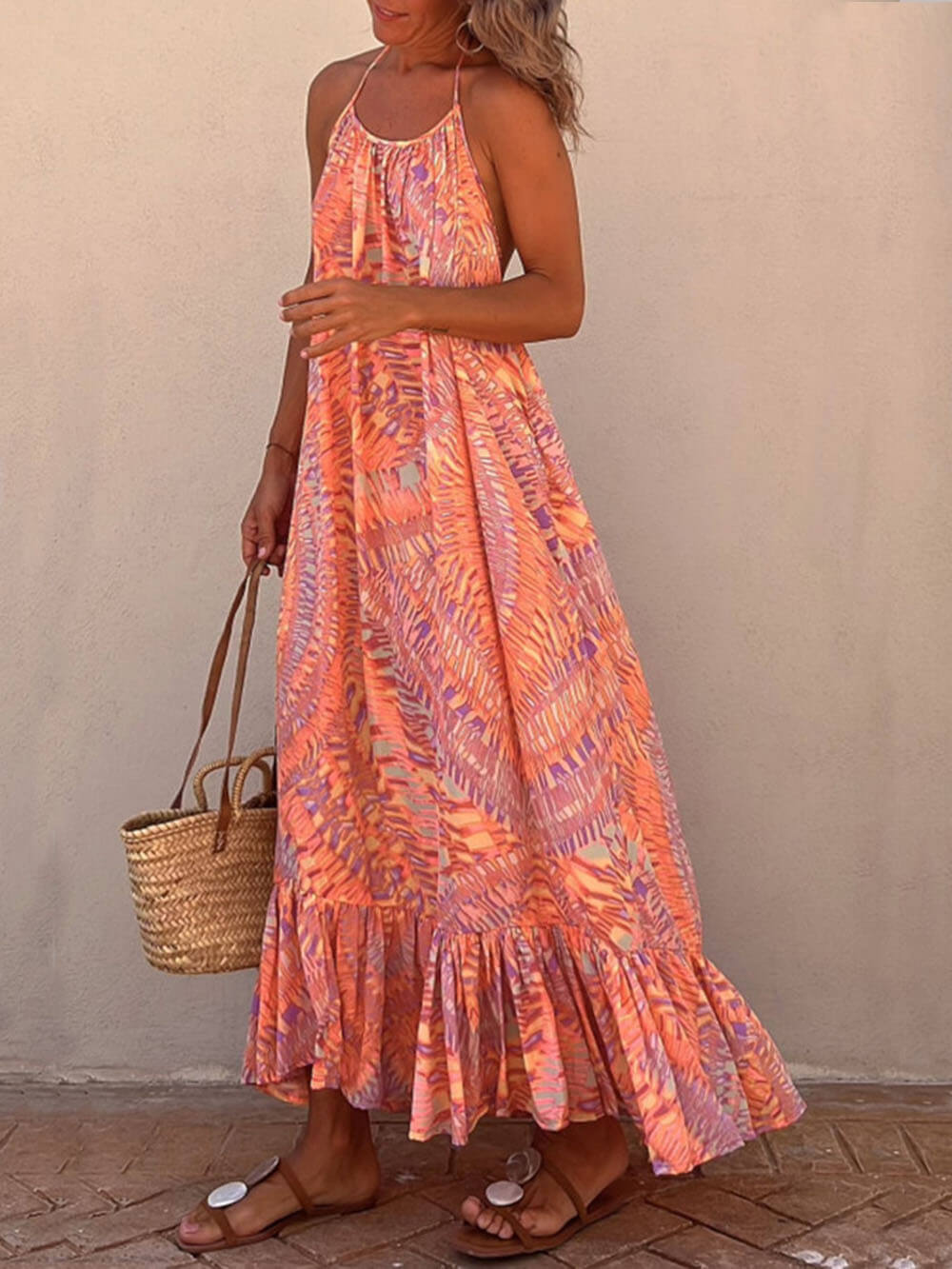 Spaghetti Strap Geometric Print Ruffle Tier Maxi Dress