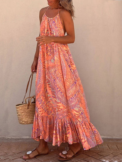 Spaghetti Strap Geometric Print Ruffle Tier Maxi Dress