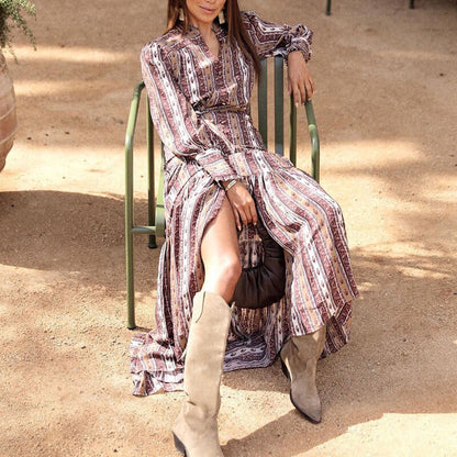 Long Sleeve V-Neck Tiered Boho Print Maxi Dress