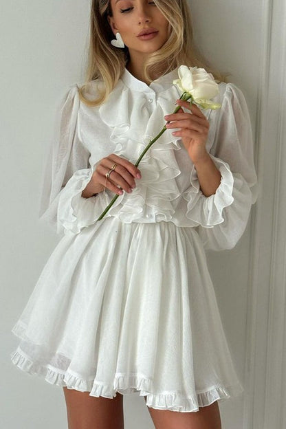 Elegant Ruffled Stand Collar Long Sleeve Mini Dress