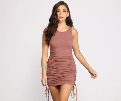 Ribbed Knit Stylish Ruched Mini Dress