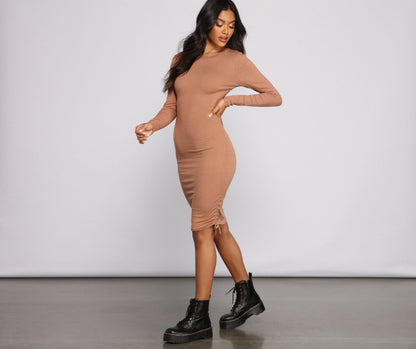 Ruched And Ribbed Knit Graceful Crew Neck Mini Dress