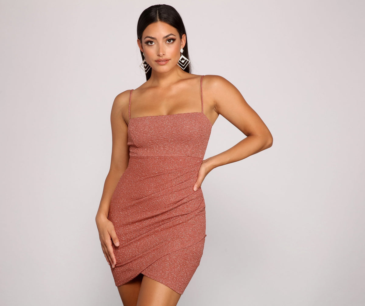 Square Neck Spaghetti Strap Ruched Glitter Knit Tulip Hem Mini Dress