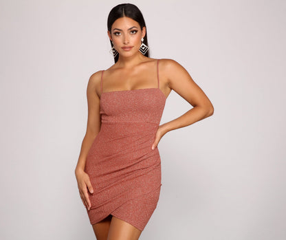 Square Neck Spaghetti Strap Ruched Glitter Knit Tulip Hem Mini Dress