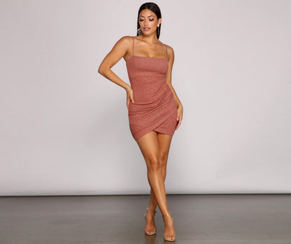 Square Neck Spaghetti Strap Ruched Glitter Knit Tulip Hem Mini Dress