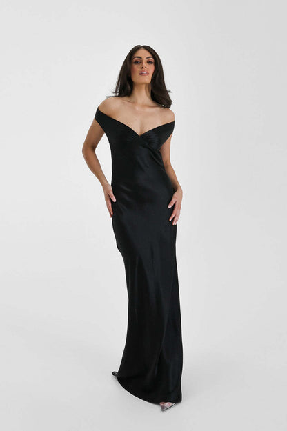 Satin Off-Shoulder Fishtail Maxi Party Dress