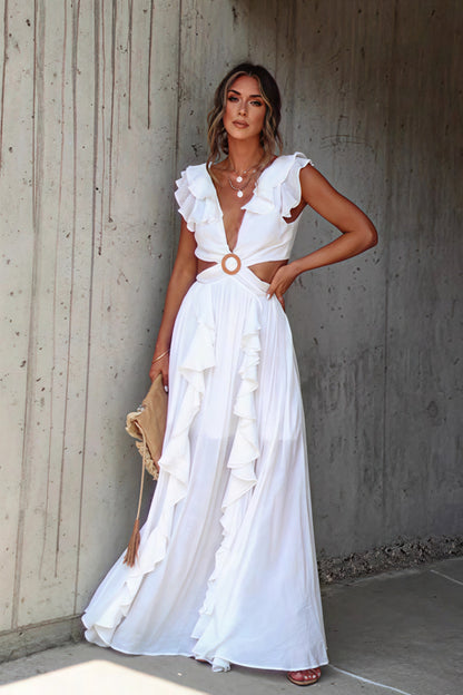 Deep V Neck Ruffle Strap Wood Ring Cutout Tiered Maxi Dress