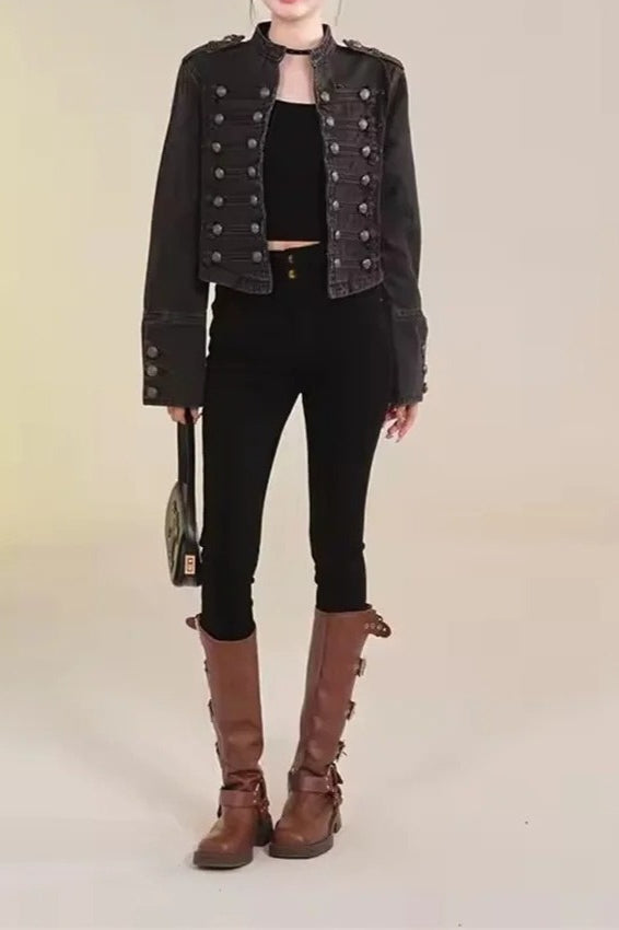 Cropped Denim Military Jacket