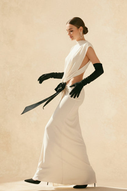 Mock Neck Sleeveless Side Cut Out Oversized Bow Tail Maxi Gown