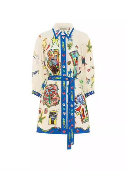 Graphic Print Contrast Trim Belted Puff Sleeve Shirt Mini Dress