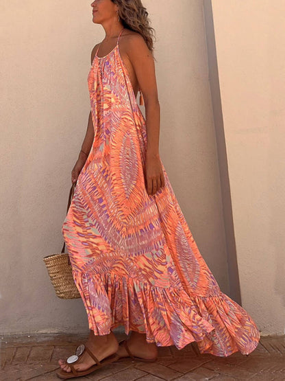 Spaghetti Strap Geometric Print Ruffle Tier Maxi Dress