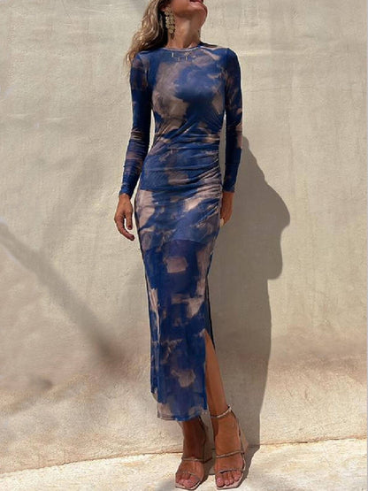 High Crew Neck Long Sleeve Abstract Marble Tie Dye Slit Maxi Dress
