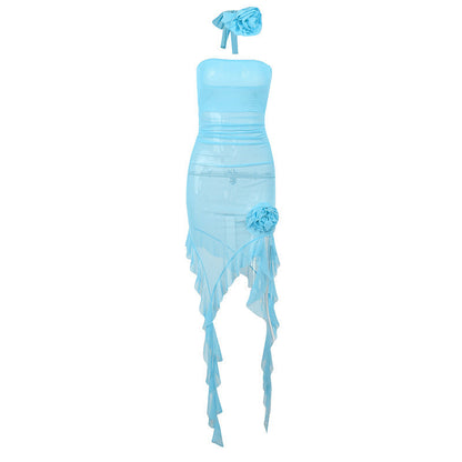 Strapless Sheer Mesh Flower Applique Ruffle Midi Dress