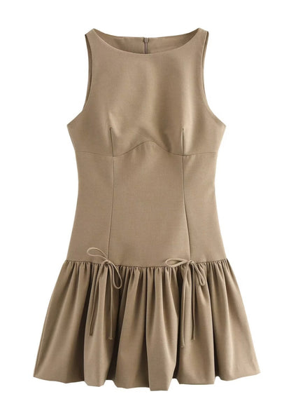 Sleeveless Round Neck Drop Waist Side Tie Ruffle Hem Mini Dress