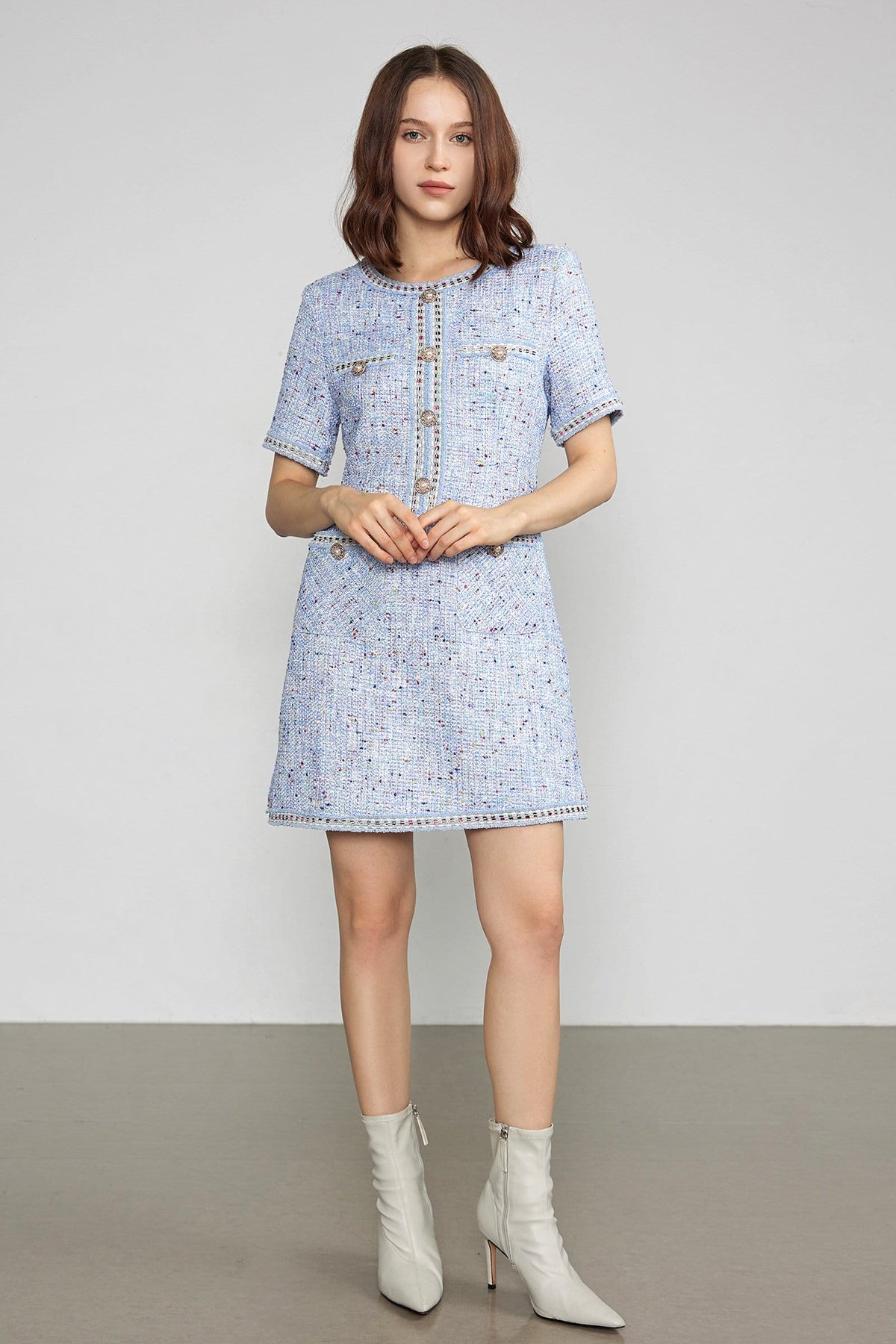 Round Neck Tweed Button Front Flap Pocket Braided Trim Mini Dress