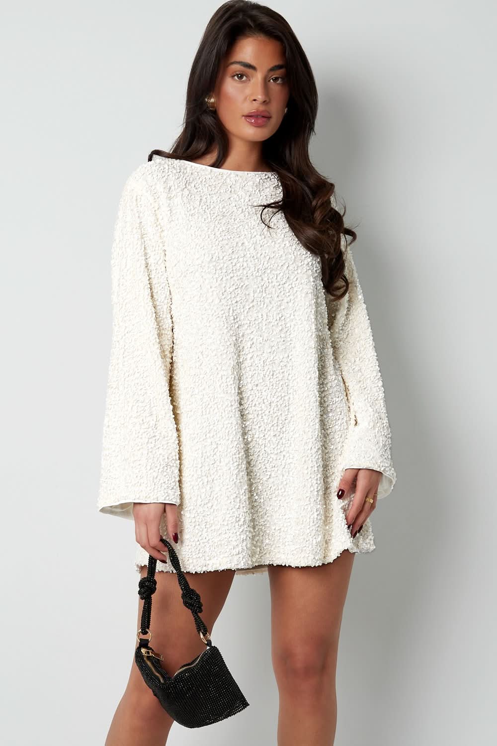Boat Neck Sequin Embellished Bell Sleeve Shift Mini Dress