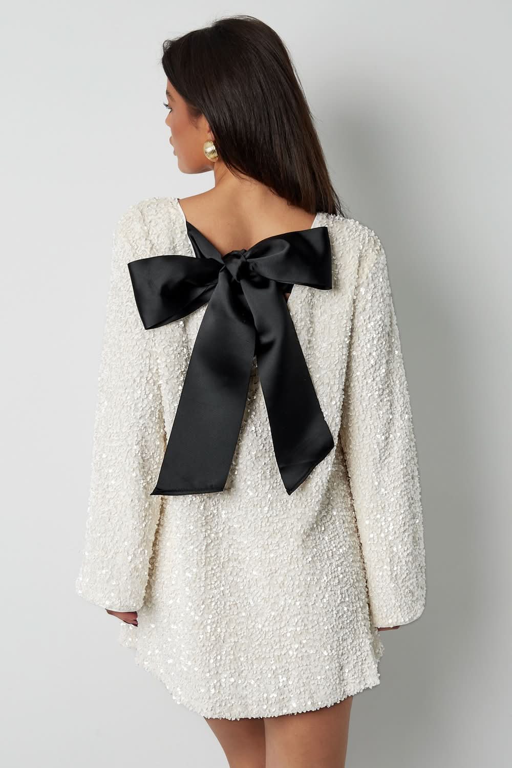 Boat Neck Sequin Embellished Bell Sleeve Shift Mini Dress