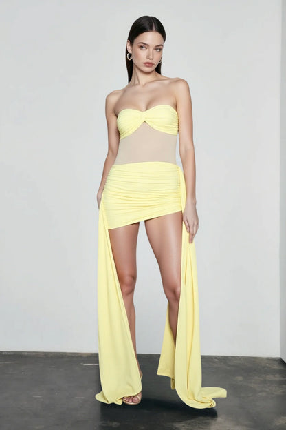 Strapless Ruched Bust Mesh Waist Streamer Panel Bodycon Mini Dress
