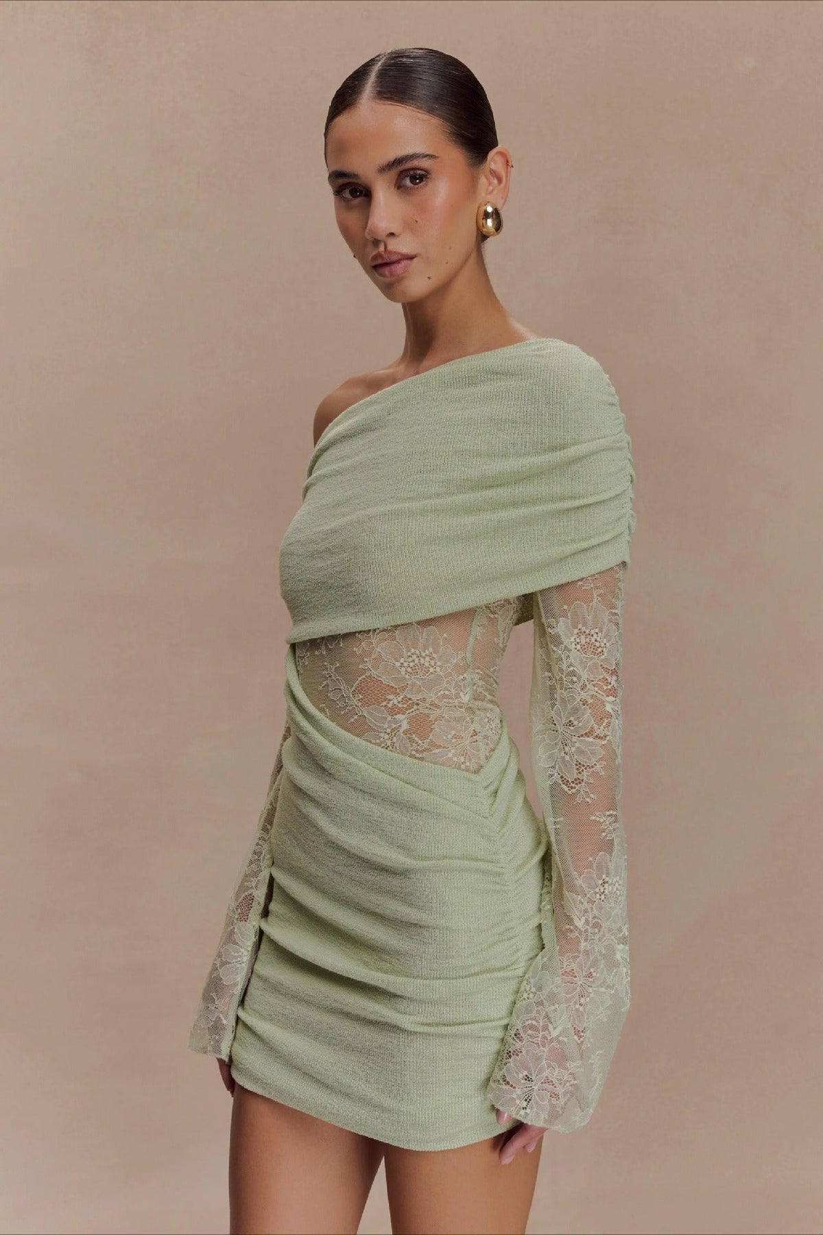 Off Shoulder Ribbed Lace Sleeve Lace Panel Bodycon Mini Dress