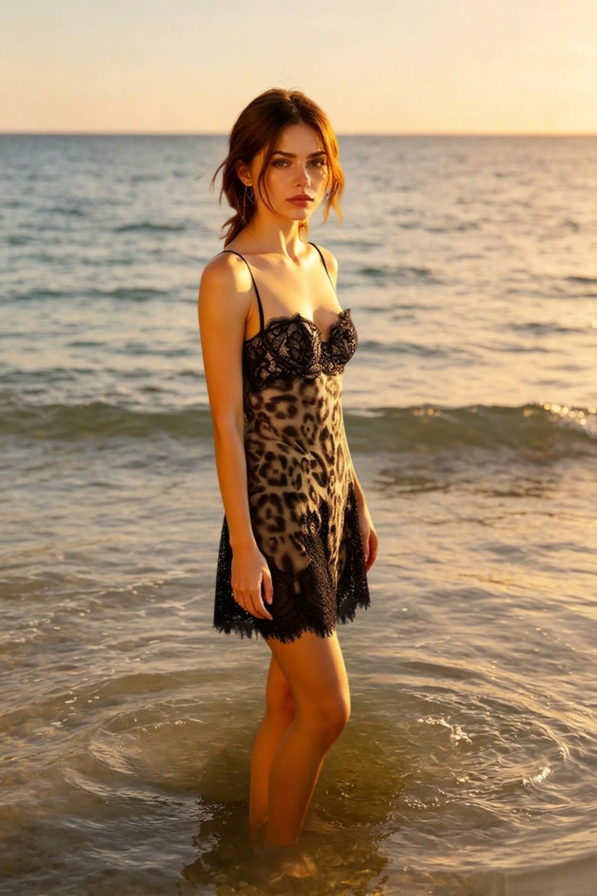 Sweetheart Lace Trim Print Mini Chemise Dress