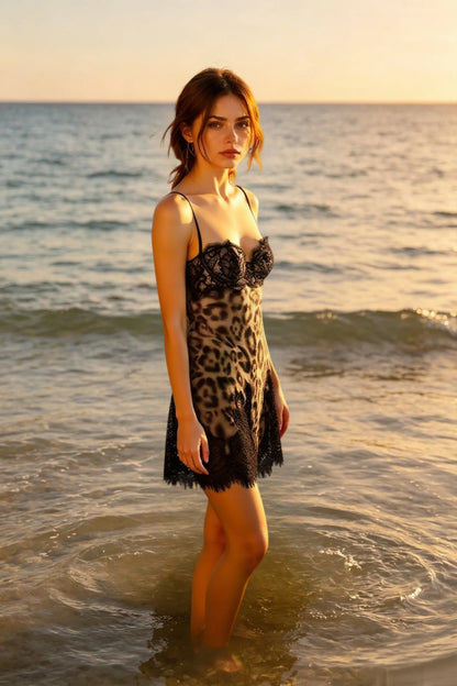 Sweetheart Lace Trim Print Mini Chemise Dress