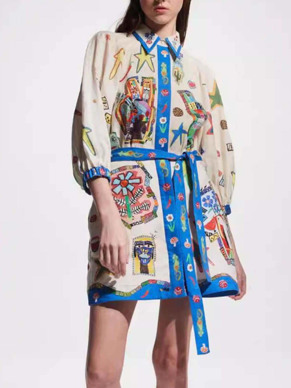 Graphic Print Contrast Trim Belted Puff Sleeve Shirt Mini Dress