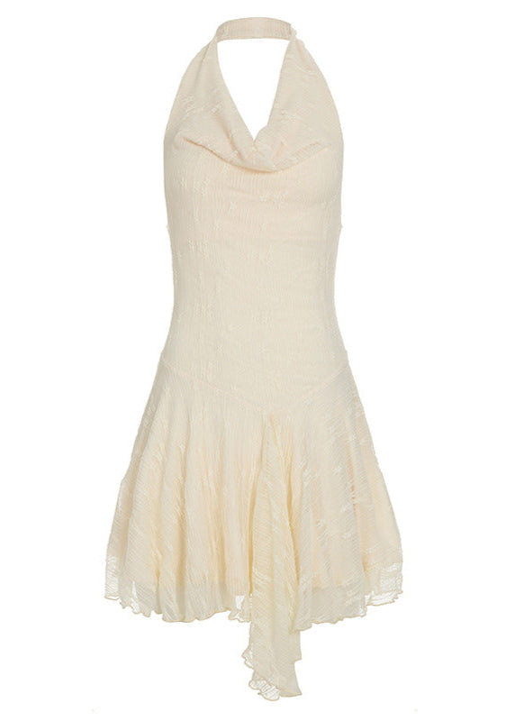 Halter Cowl Neck Crinkle Embroidered Asymmetrical Lettuce Hem Mini Dress